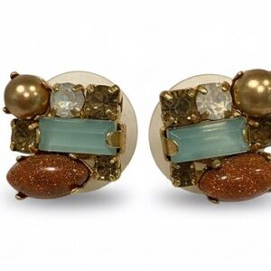 Mixed Gemstone Cluster Stud Earrings – Goldstone, Opalite, Blue Glass